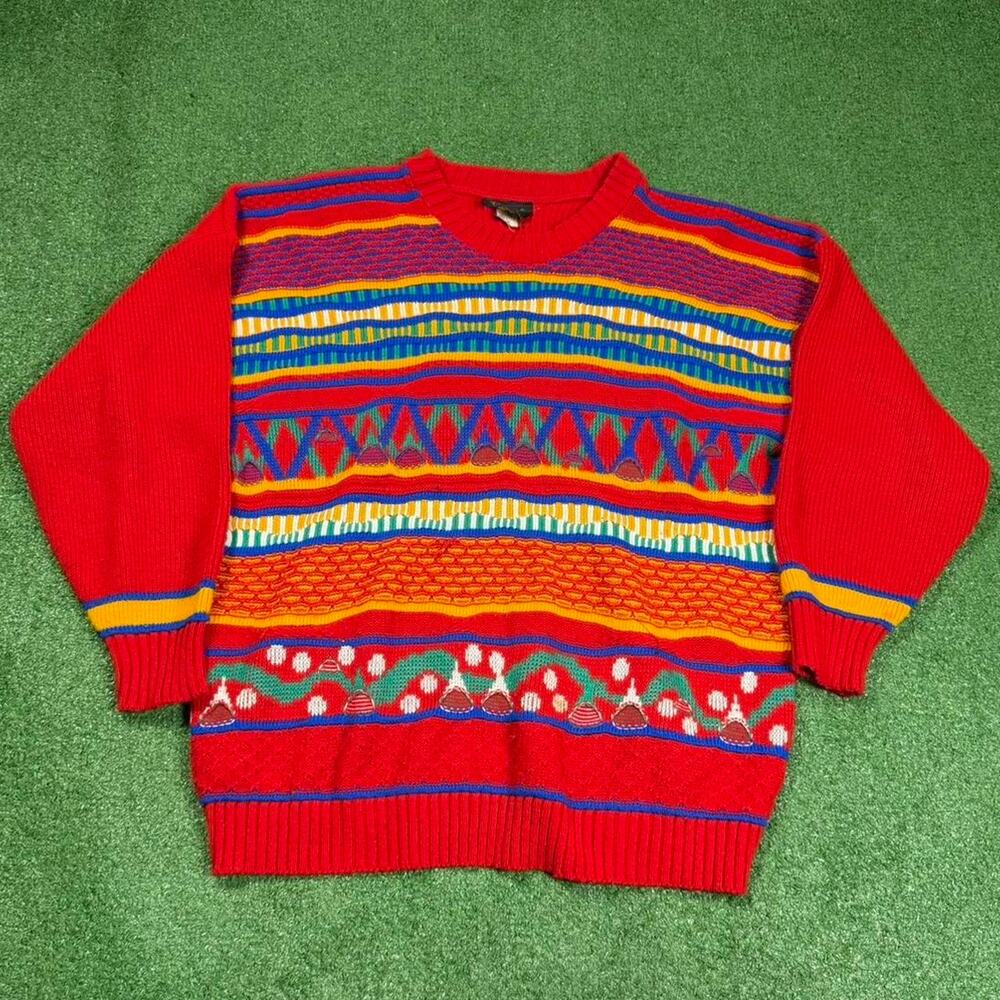 Essence 3D Textured Knit Sweater Red Multicolor Textured Biggie Vintage 90s Med